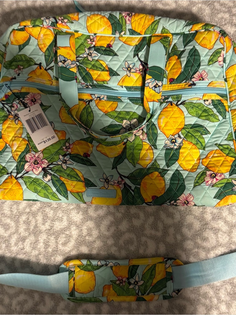 Vera Bradley Quilted Lemon Print Travel Tote in Aqua and Yellow
